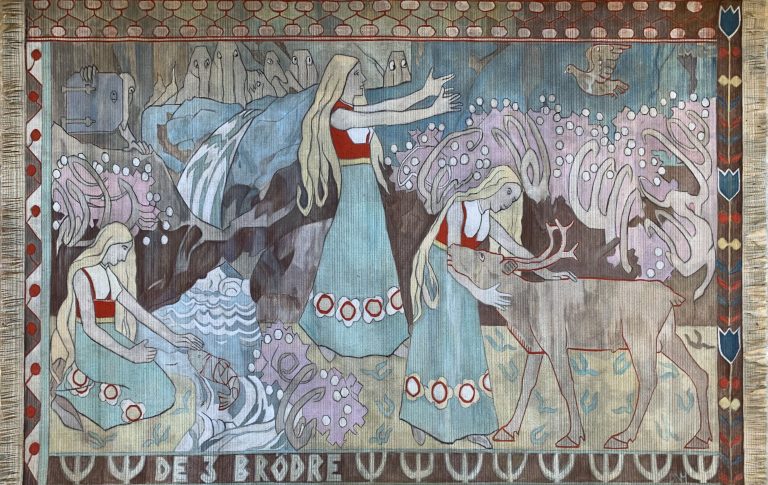 Gobelin Imitation Painting, Acryl on Jute Fabric, 204x312cm, 2024
Reference: „The Three Brothers (De Tre Brodre)“ by Frida Hansen / Gerhard Munthe, Woolen Thread, 68×105cm, 1900
